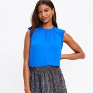 NWT Loft Cut Out Ruffle Mixed Media Shell, Blue, Size XL